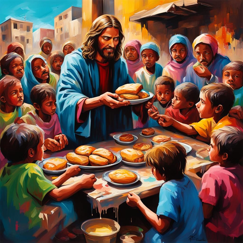 Jesus Sharing Bread: Vibrant Graffiti Street Art