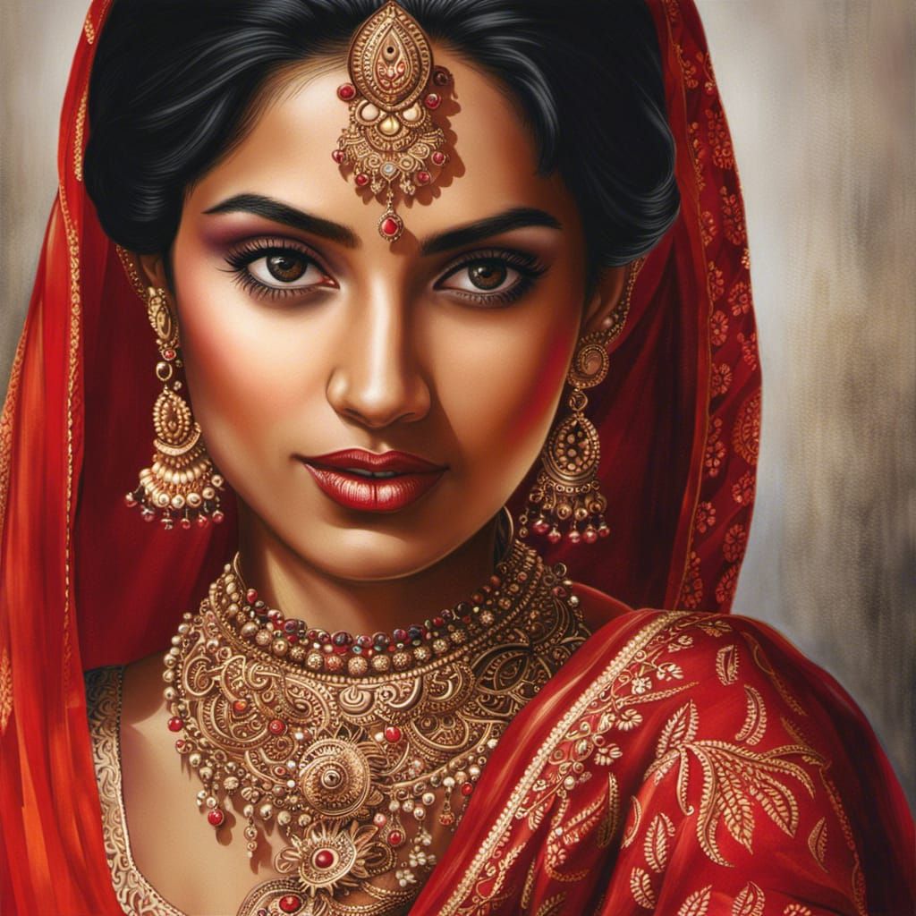 Indian Woman in Traditional Dress, Realistic Portrait