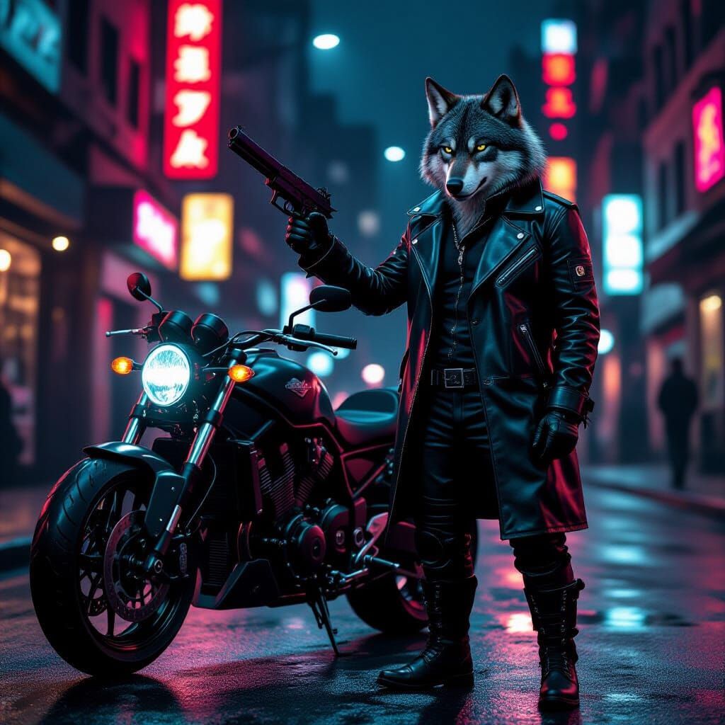 Cyberpunk Wolf with Gun on Urban Street
