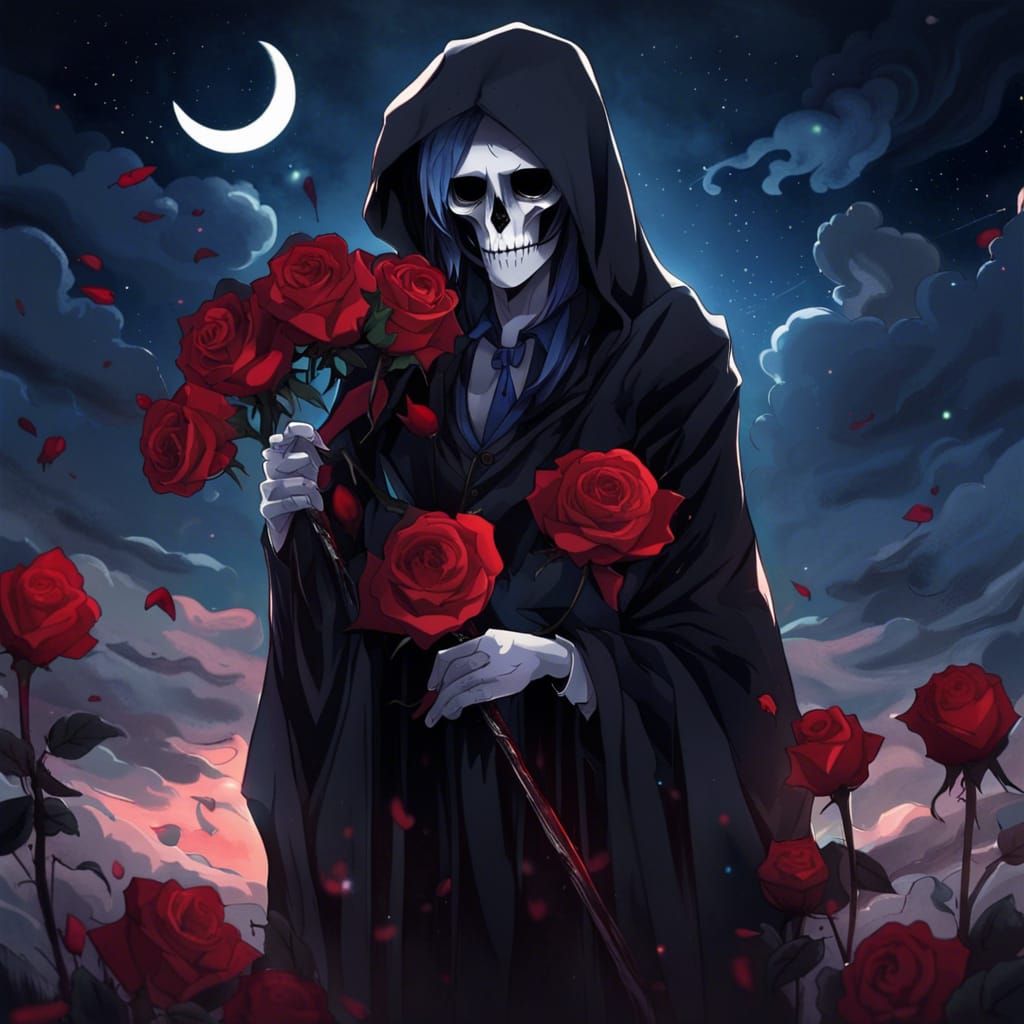 Sad Grim Reaper with Roses in Gothic Victorian Style