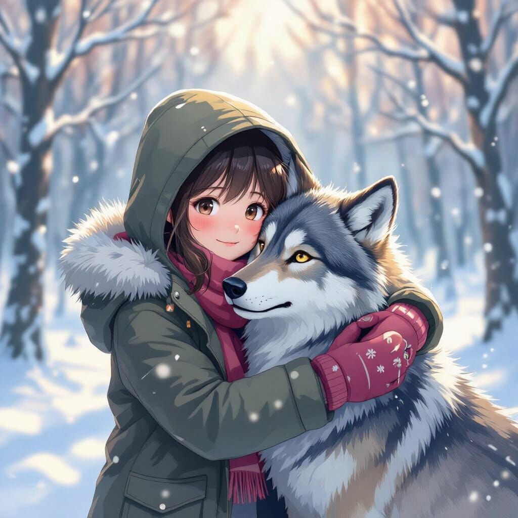 Girl and Wolf in Snowy Forest, Digital Painting