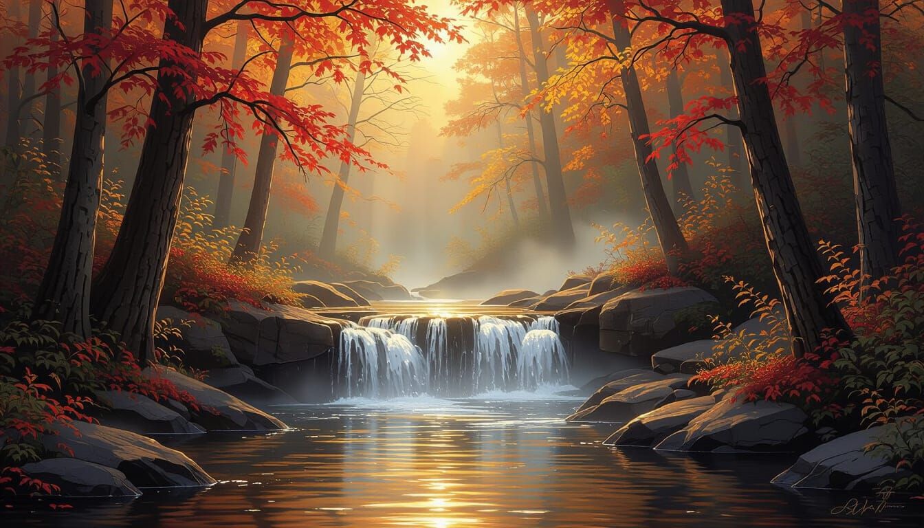 Golden Autumn Waterfall in Ethereal Forest Light
