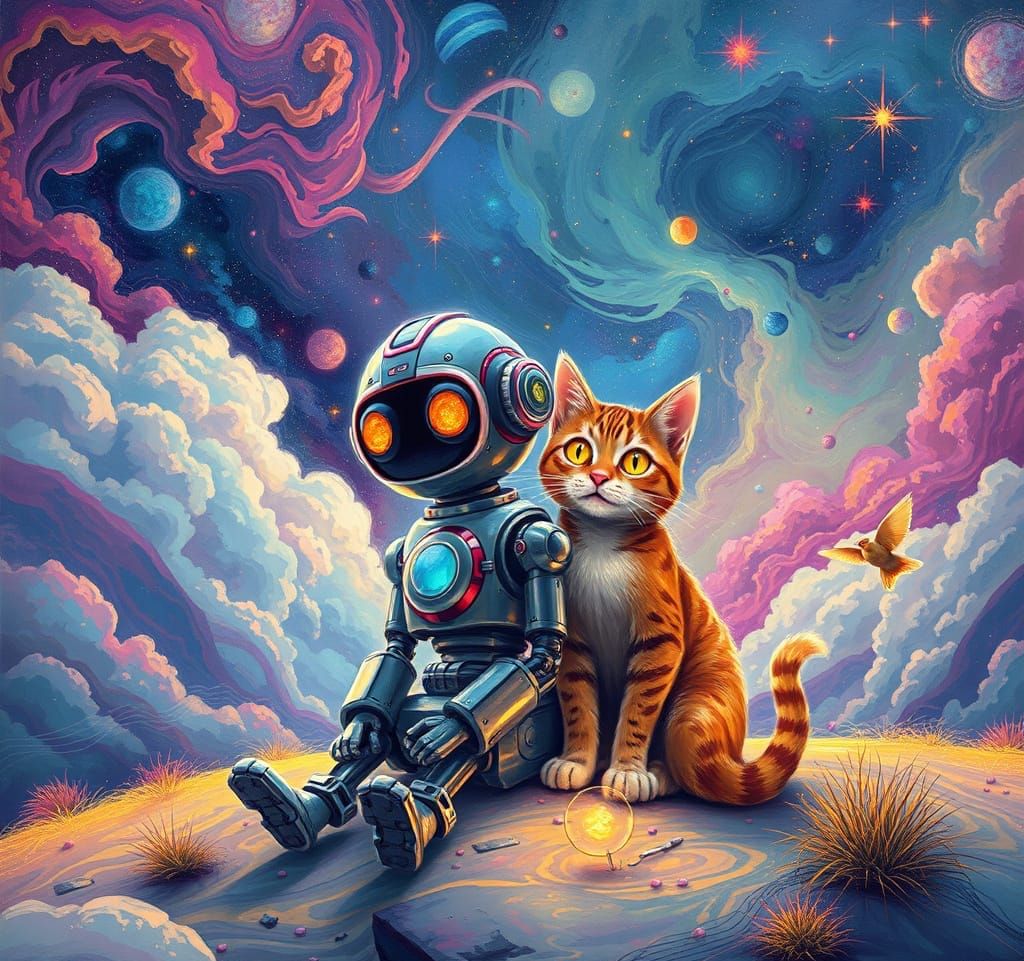 Robot and Kitty in Cosmic Summer Landscape, Celestialpunk St...