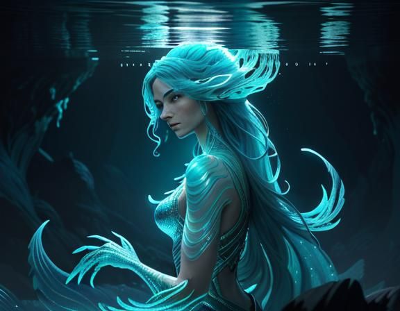 Amphibian Woman Emerges in Bioluminescent Cave