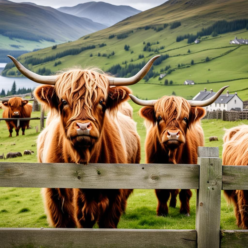 Charming Highland Cows in Scenic Landscape