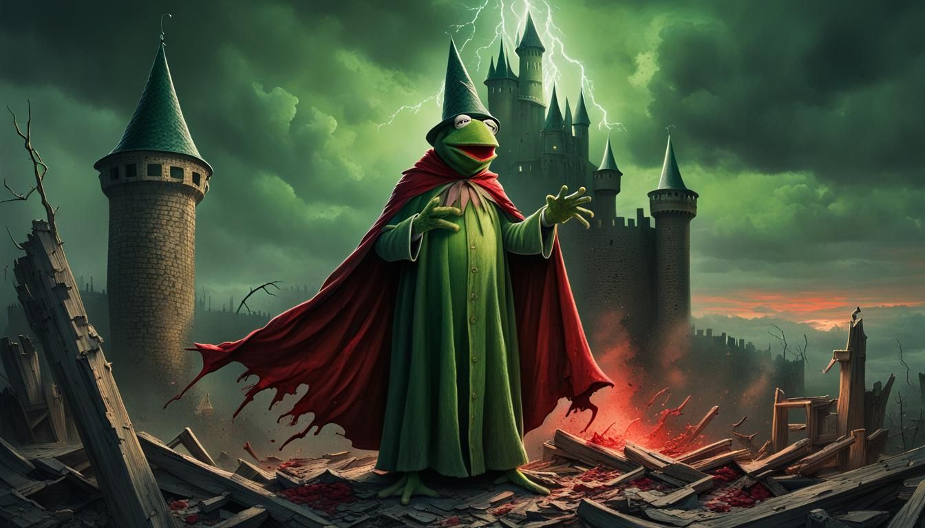 Giant Kermit the Frog as Evil Wizard