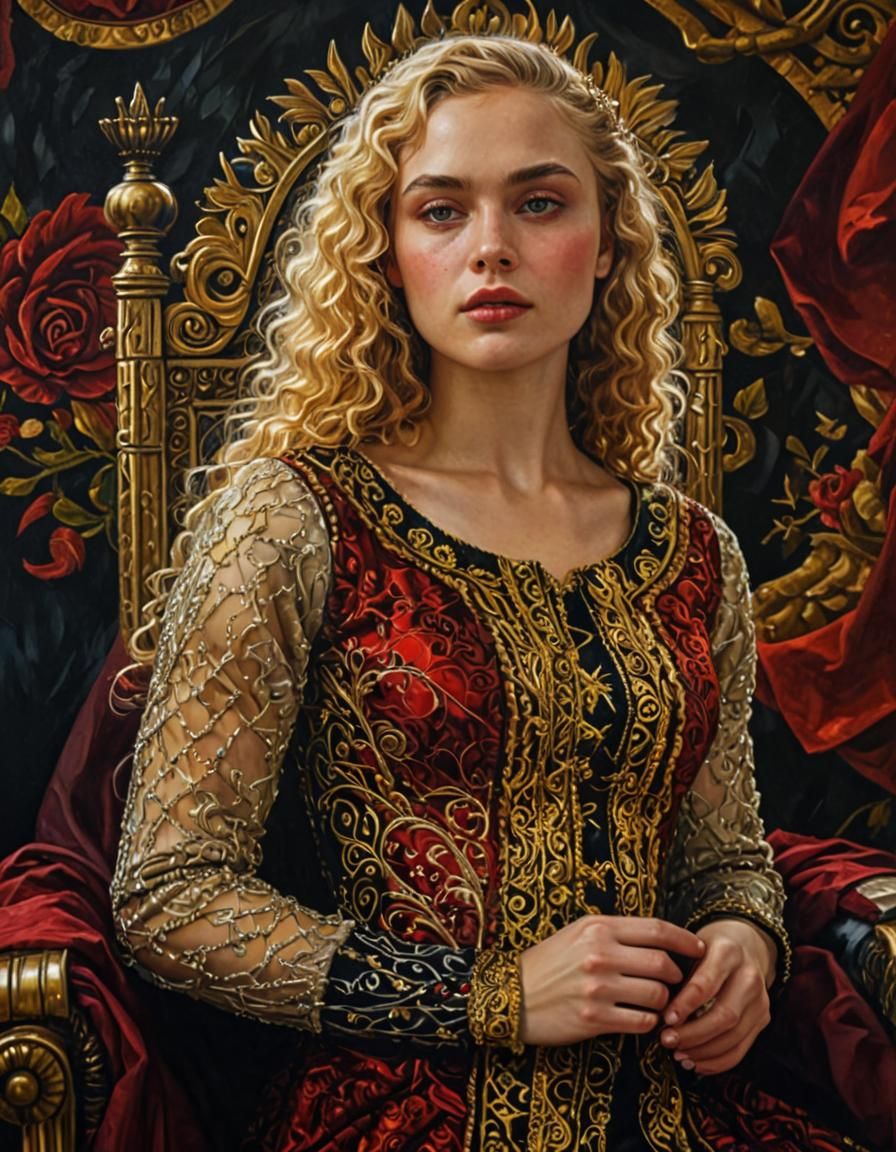Medieval Queen in Throne Room: Oil Painting