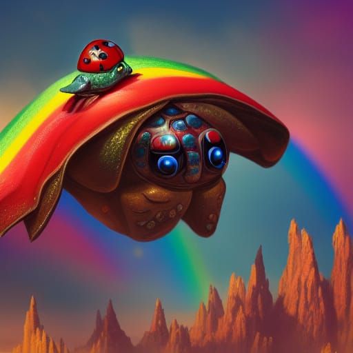 Cyborg Ladybug in Rainbow Sky: Fantasy Art
