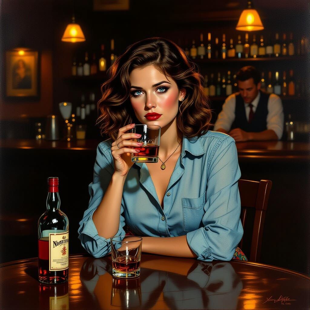 Disheveled Woman at Bar, Warm Realism Style