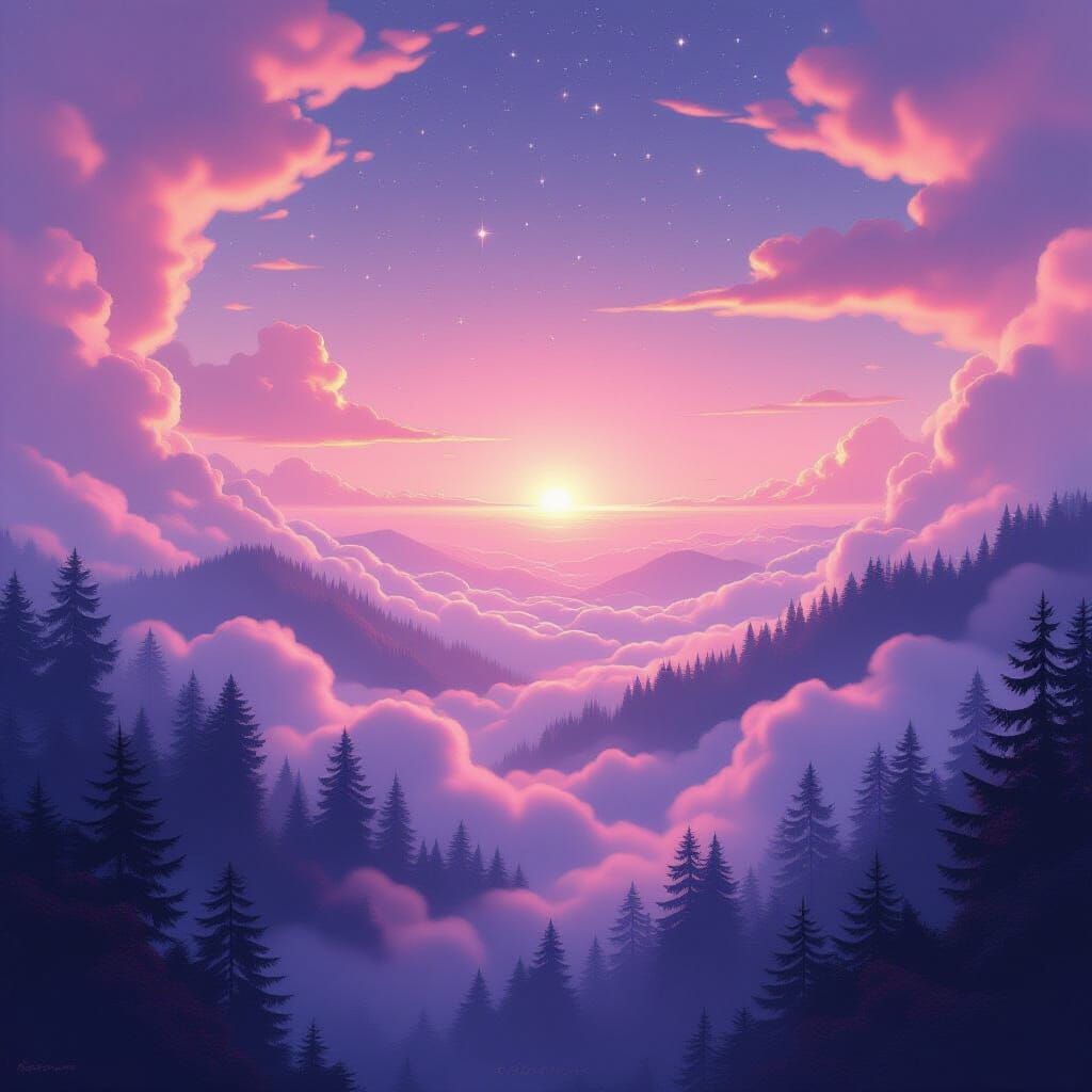 Surreal Foggy Forest with Swirling Cosmic Clouds