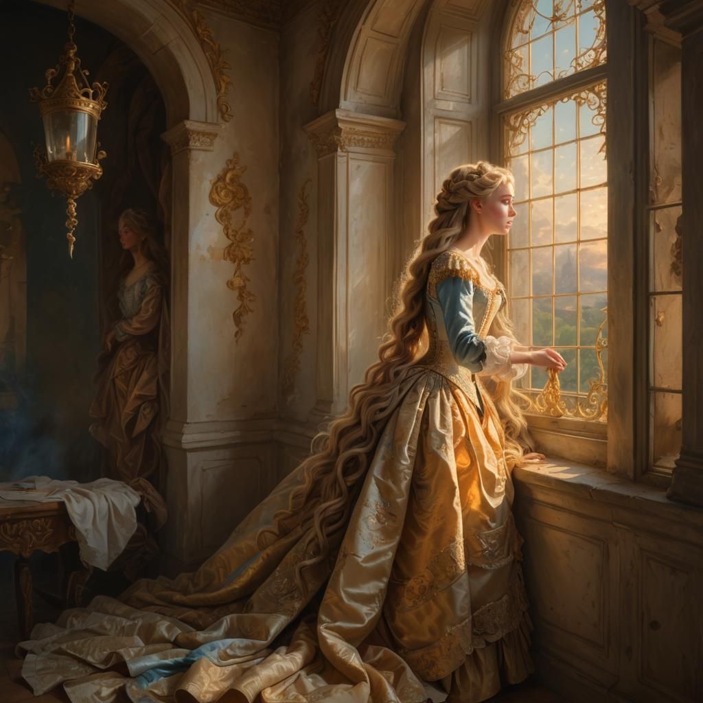 Rapunzel in Rococo Portrait with Flowing Hair