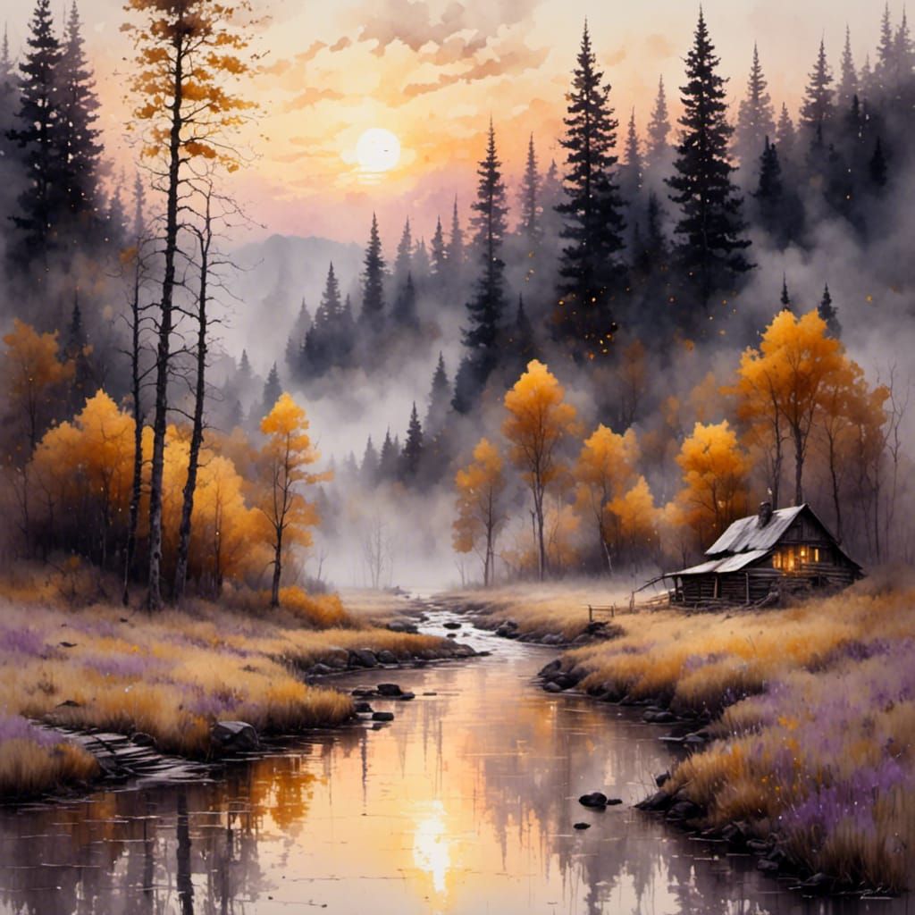 Forest Stream Waterfall at Dawn in Antique Watercolor Style