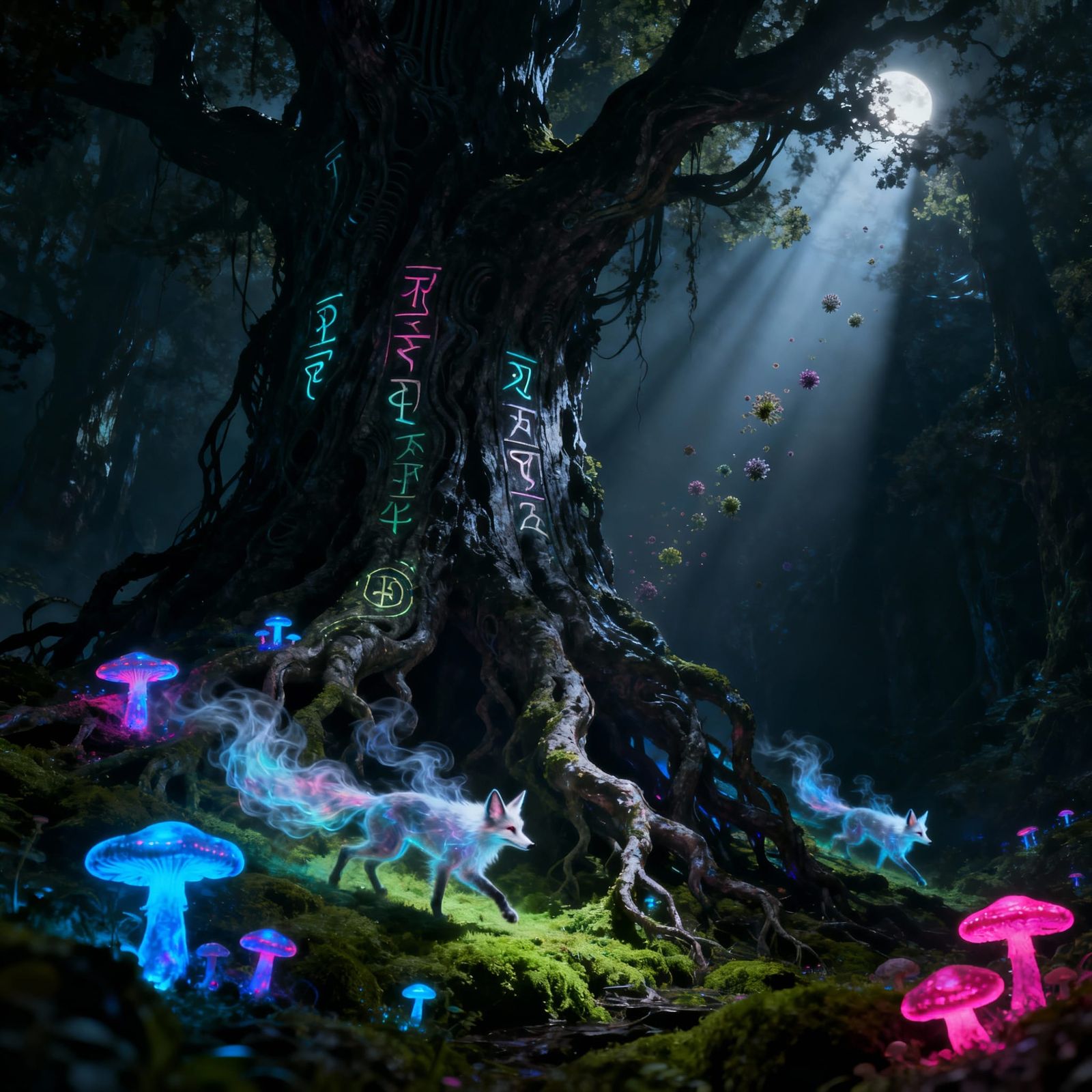Ancient Tree With Glowing Runes and Spectral Foxes