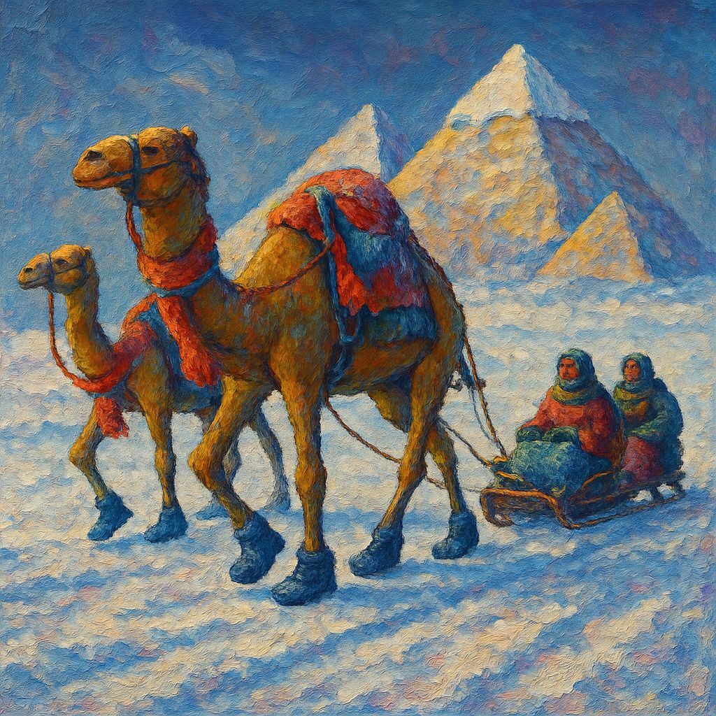 Camels Sledding Tourists to Snowy Pyramids, Expressionist Oi...
