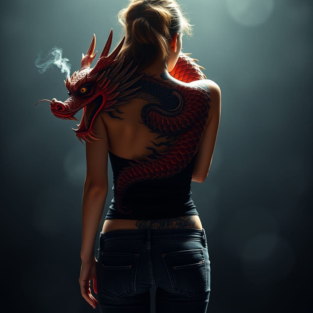 Vibrant Dragon Tattoo on Woman's Back, Hyperrealistic Art