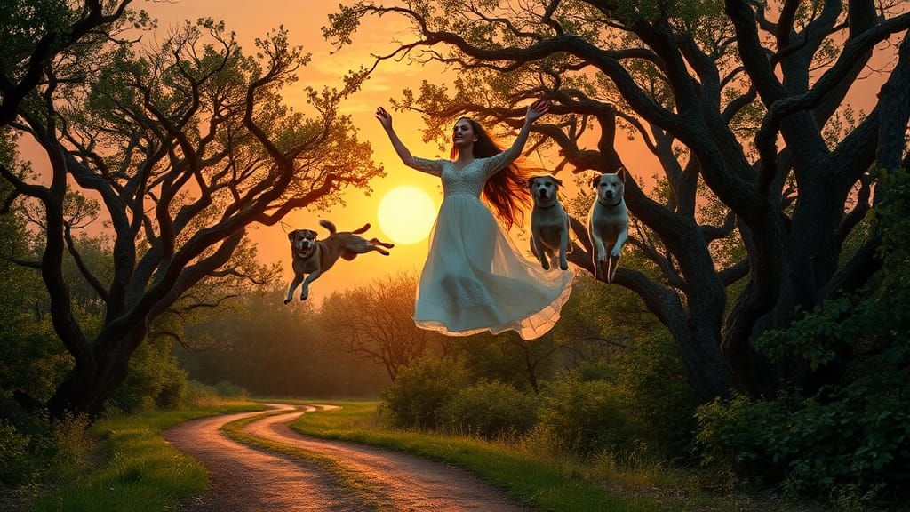 Woman Lifted by Dogs in Enchanted Moonlit Forest