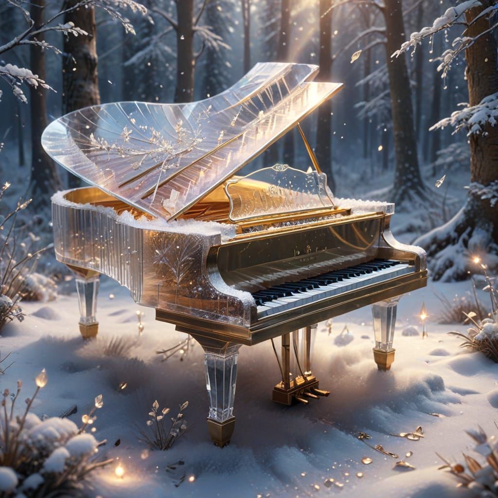 Ethereal Crystal Piano in Snowy Forest