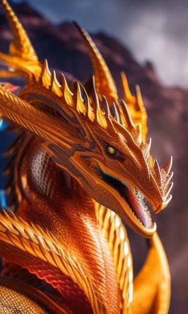 Majestic Dragon Portrait with Golden Scales and Fire