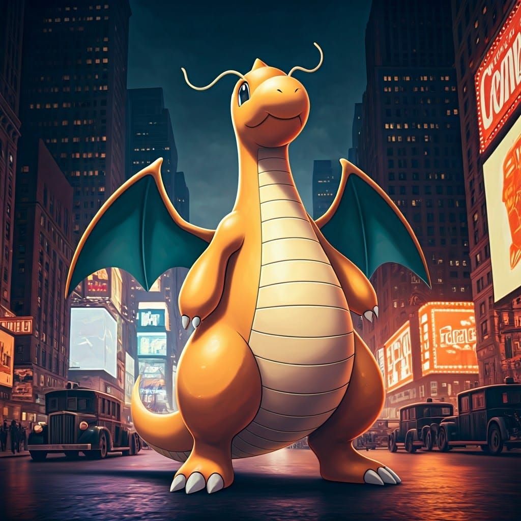Dragonite Pokémon Soaring Above 1930s NYC