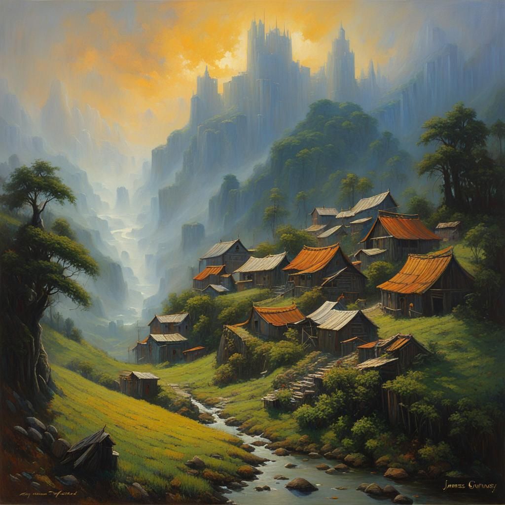 Mist Village Oil Painting by James Gurney