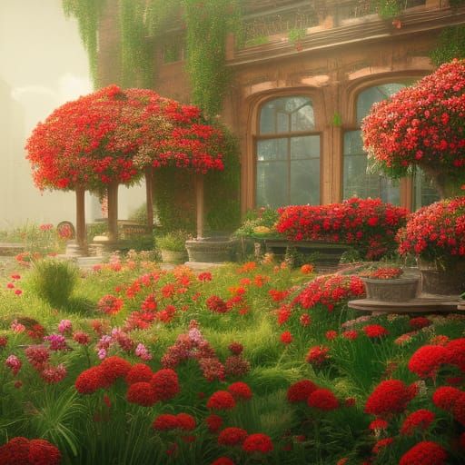 Red Flower Greenhouse: Hyperdetailed Digital Painting