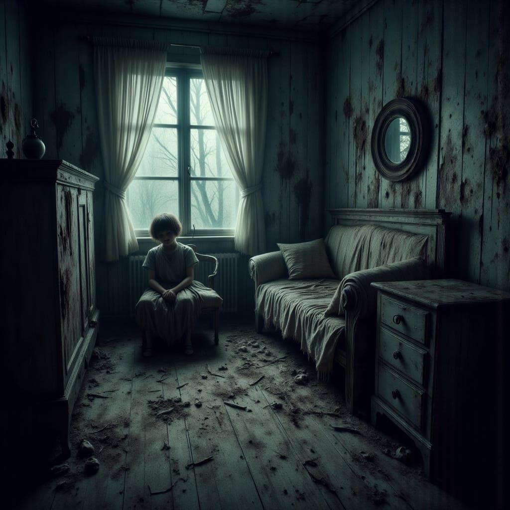Eerie Childhood Nightmare Scene in Dark, Gothic Whimsy Style