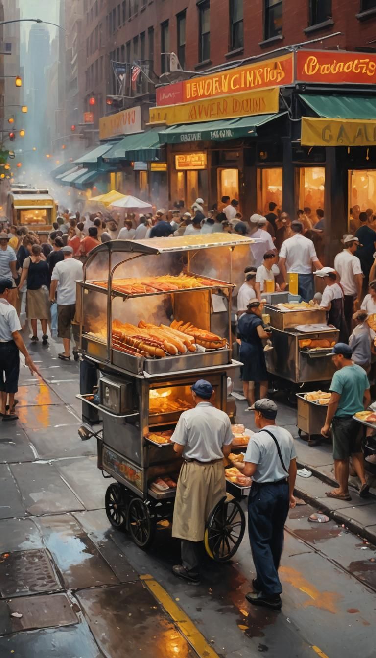 New York Hot Dog Vendor in Impressionist Style