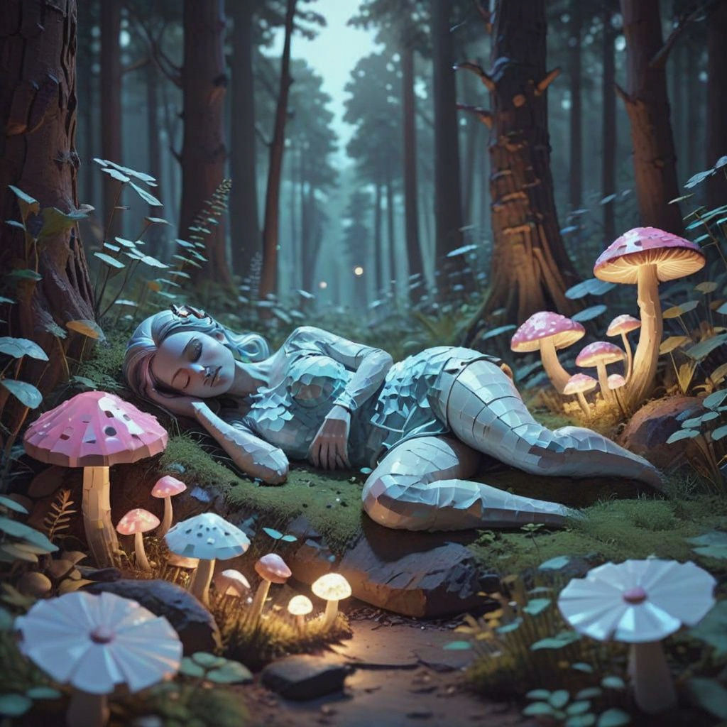 Woman Sleeping in Forest: Early 2000s Block Art