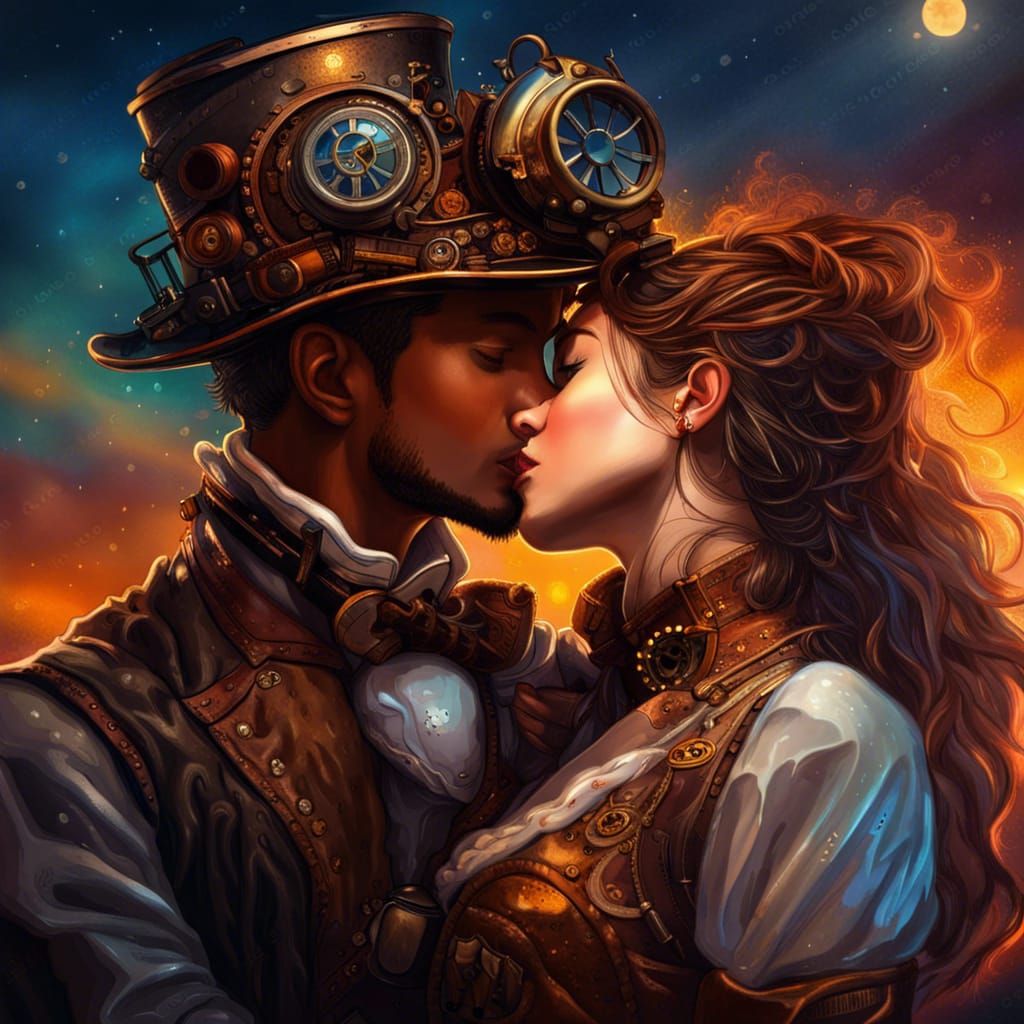 Steampunk Lovers First Kiss Under Fire Sky