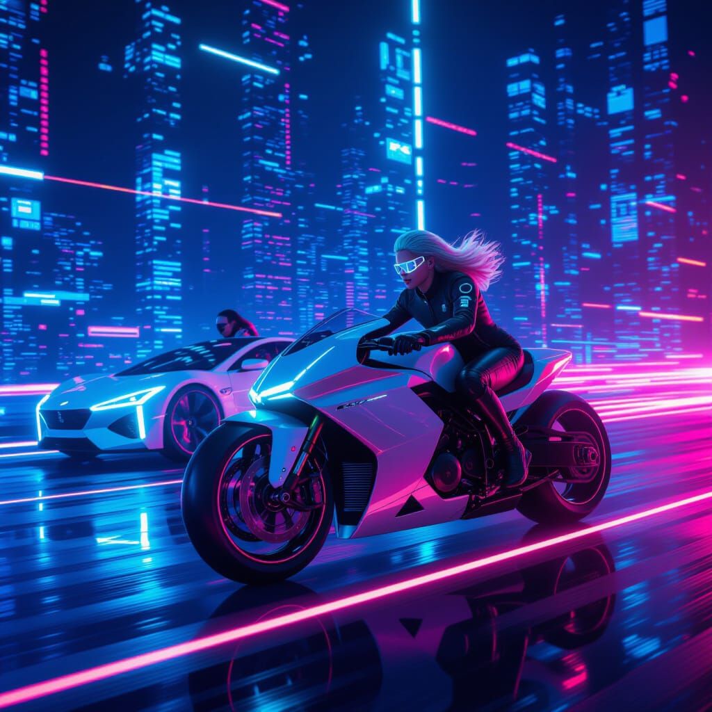Neon Motorcycle Chase in Digital Grid
