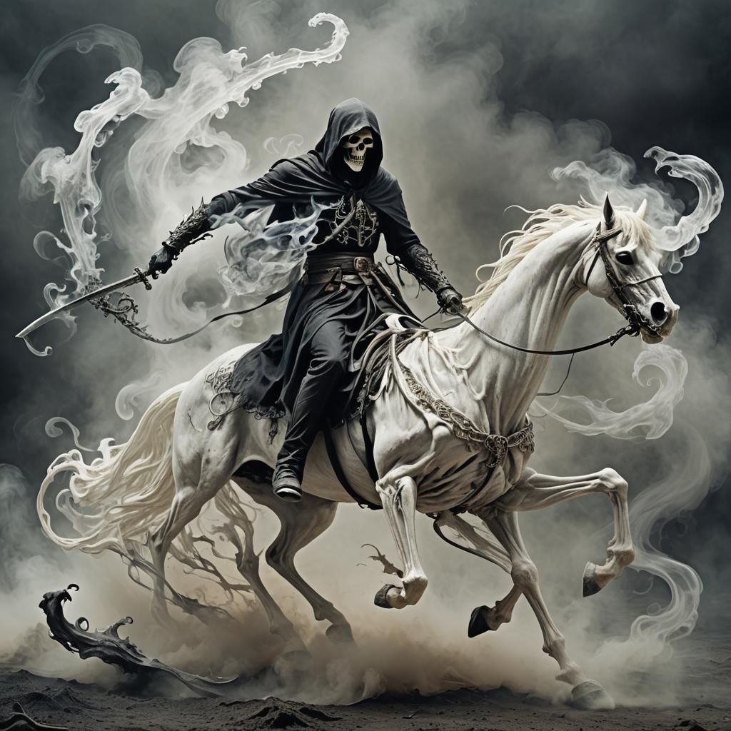 Ethereal Grim Reaper Rides a Skeletal Horse