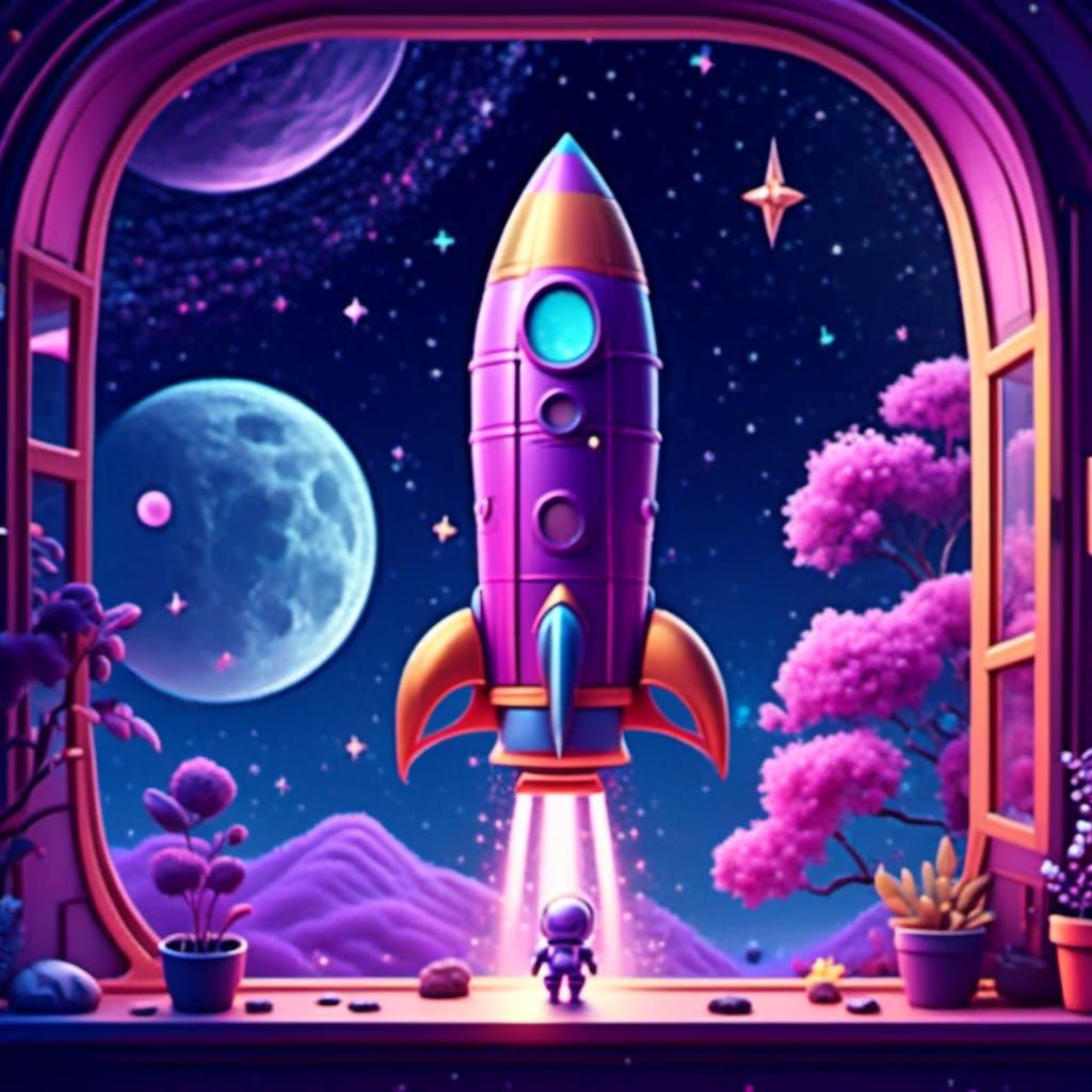 Cartoon Rocket to the Moon with Purple Chibi Robot