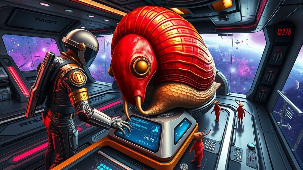 Alien Teamwork on Space Station in Art Nouveau Style