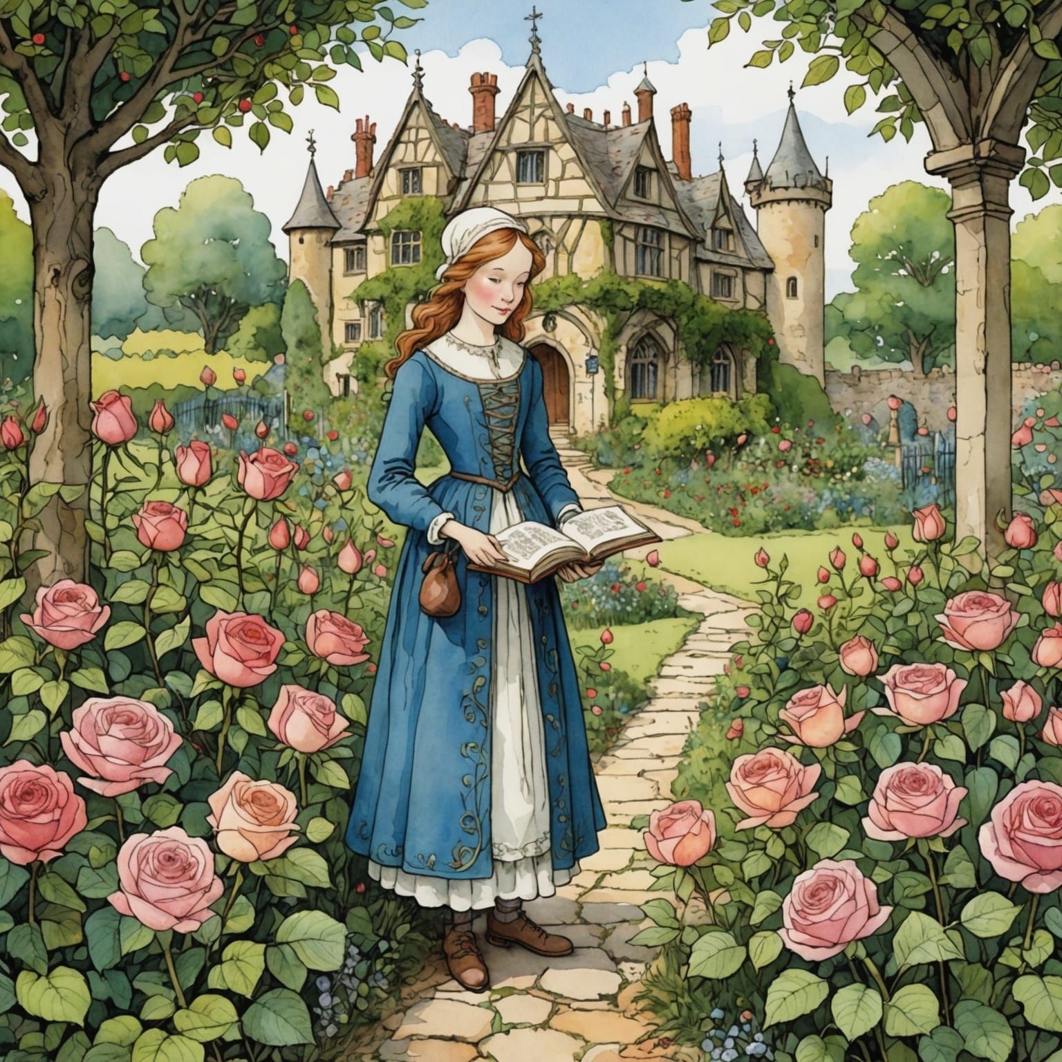 Rose Garden Storybook Illustration in Watercolor and Ink