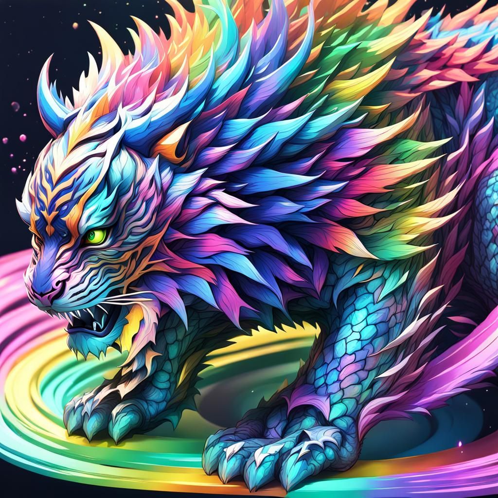 Rainbow Fractal Dragon in 3D Anime Style