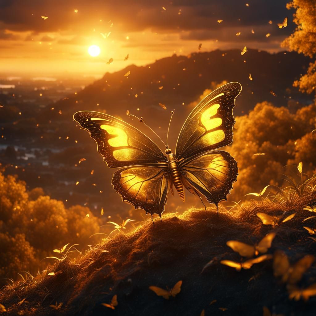 Golden Butterfly at Sunset: Mystical Night Photography