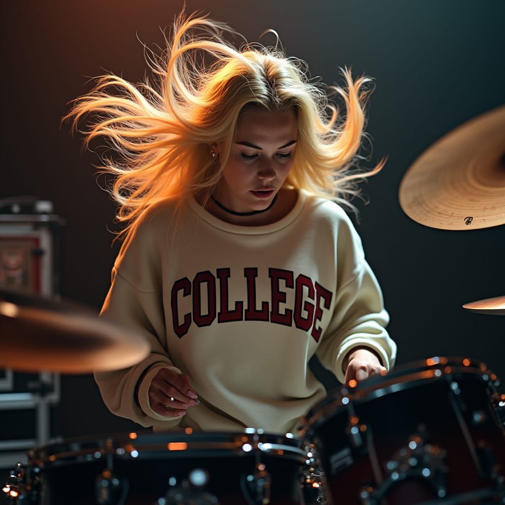 Blonde Woman Drummer in Dimly Lit Studio