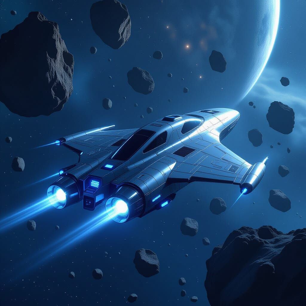 Futuristic Spaceship Navigating Starry Asteroid Field