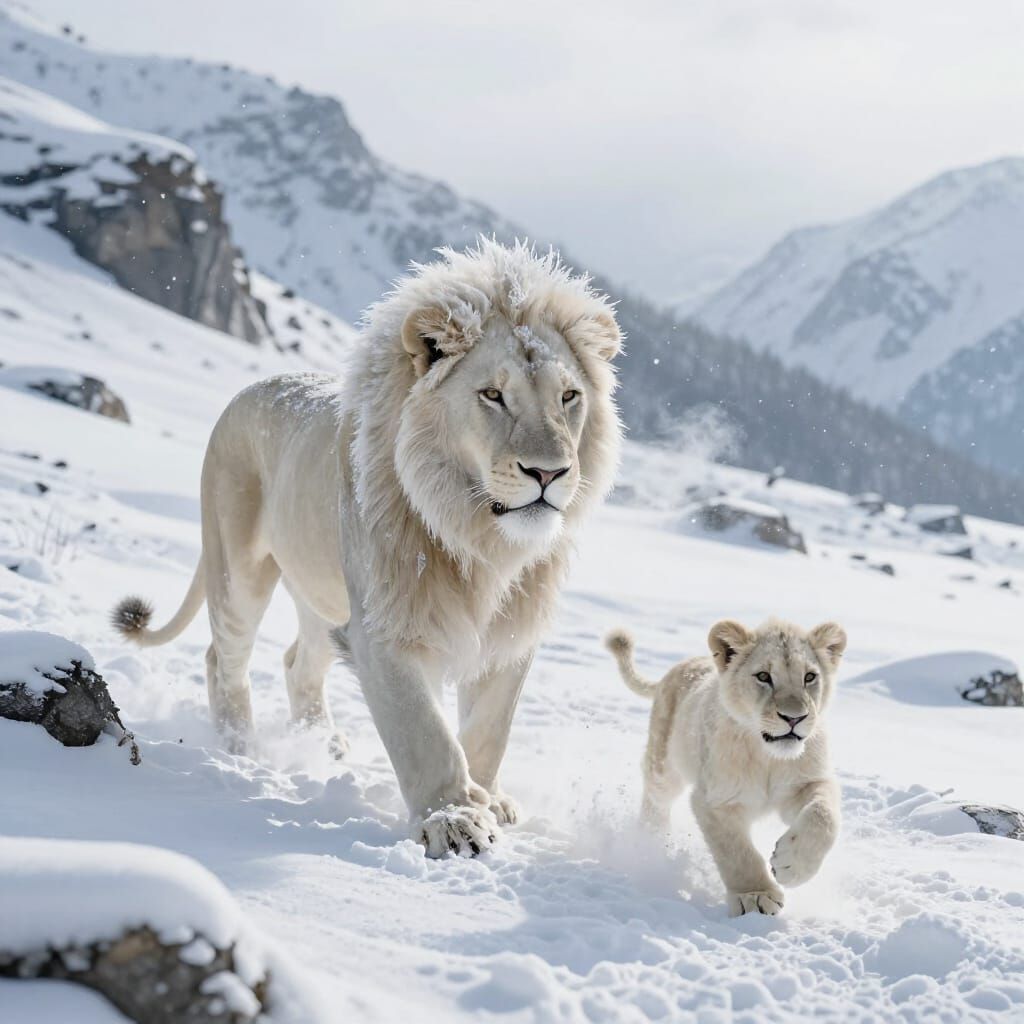 White Lion Cub Rushes to Frozen Parent in Snowy Mountains