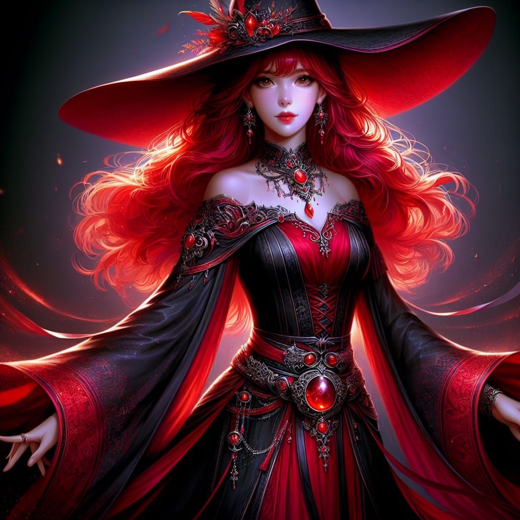 Elegant Dark Fantasy Sorceress in Red Robes