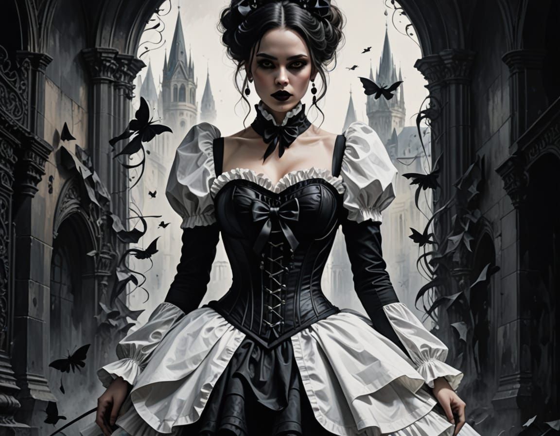 Gothic Woman in White Dress with Black Ink Splash