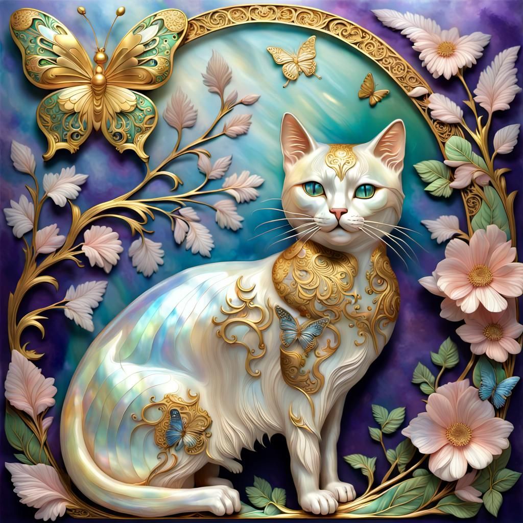 Decorative Golden Cat Gazing at Butterfly, Hyperrealistic