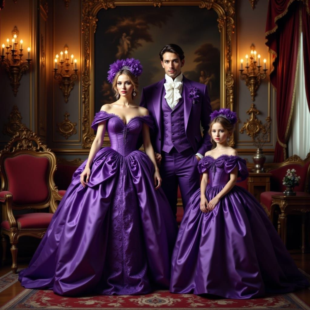 Baroque Family Portrait in Opulent Violet Gowns
