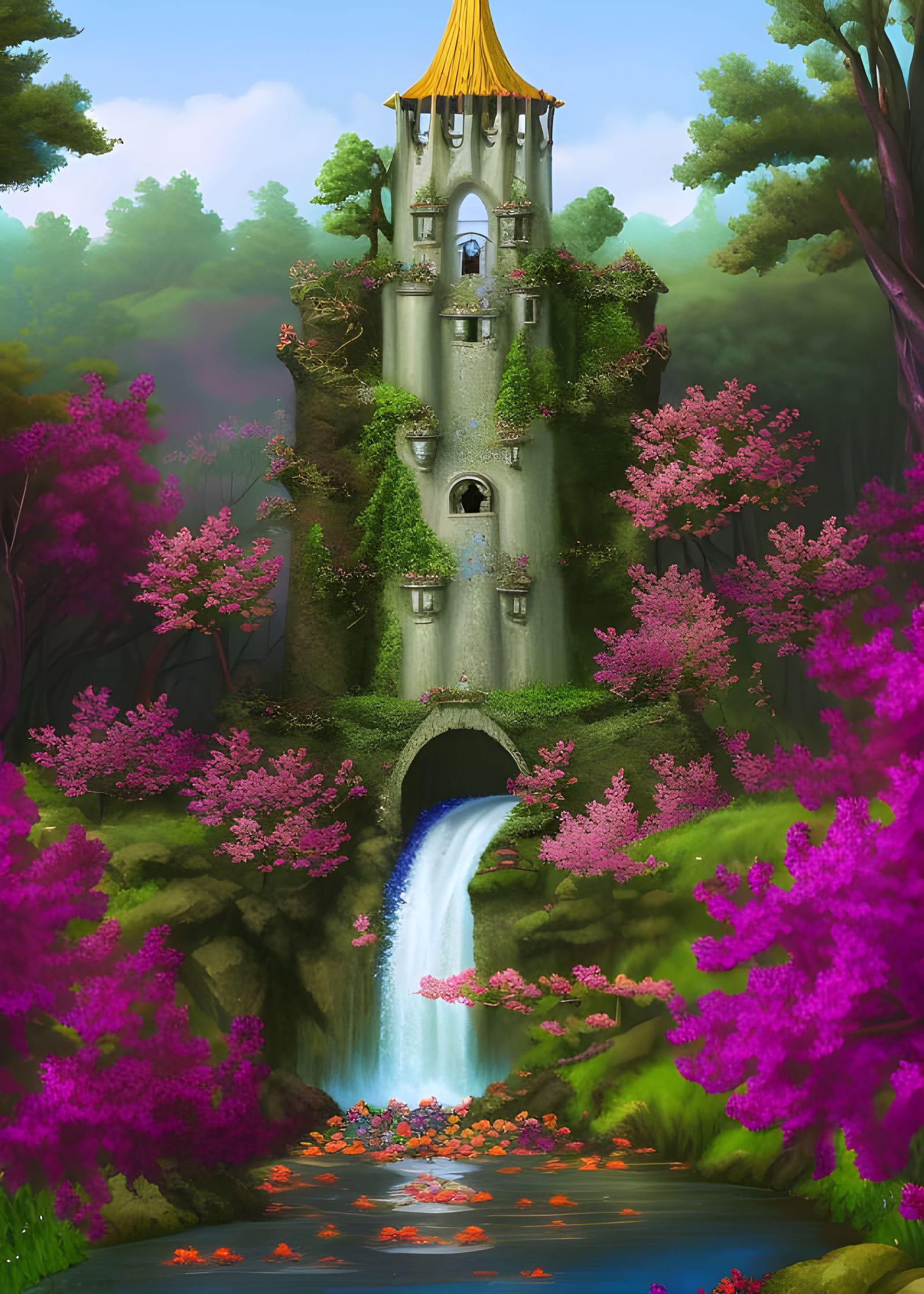 Enchanting Elven Tower in a Floral Wonderland