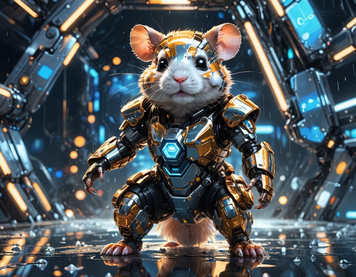 Hamster in Chrome Mecha Suit: Neon-Lit Sci-Fi Concept