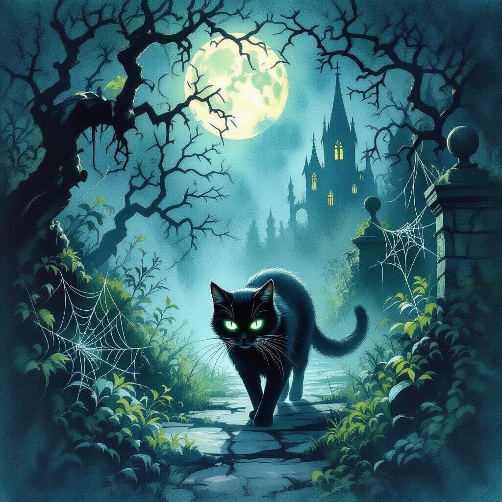 Spectral Cat in Moonlit Gothic Garden