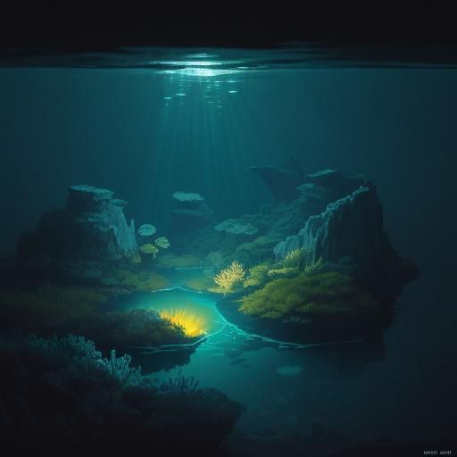 Dreamy Bioluminescent Underwater Scene with Glowing Fish and...