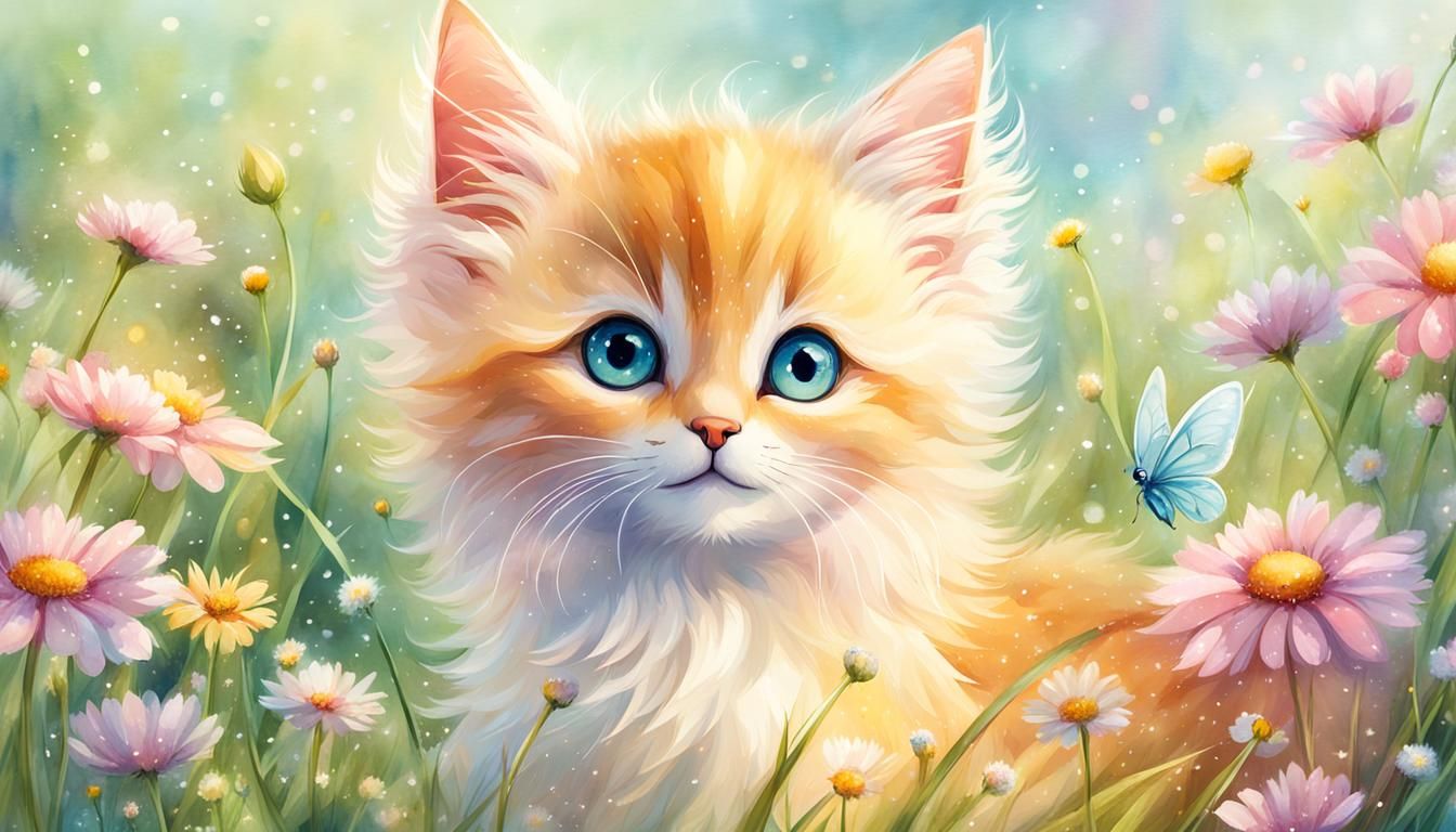 Fairy Kitten in Flowery Meadow Watercolor Illustration