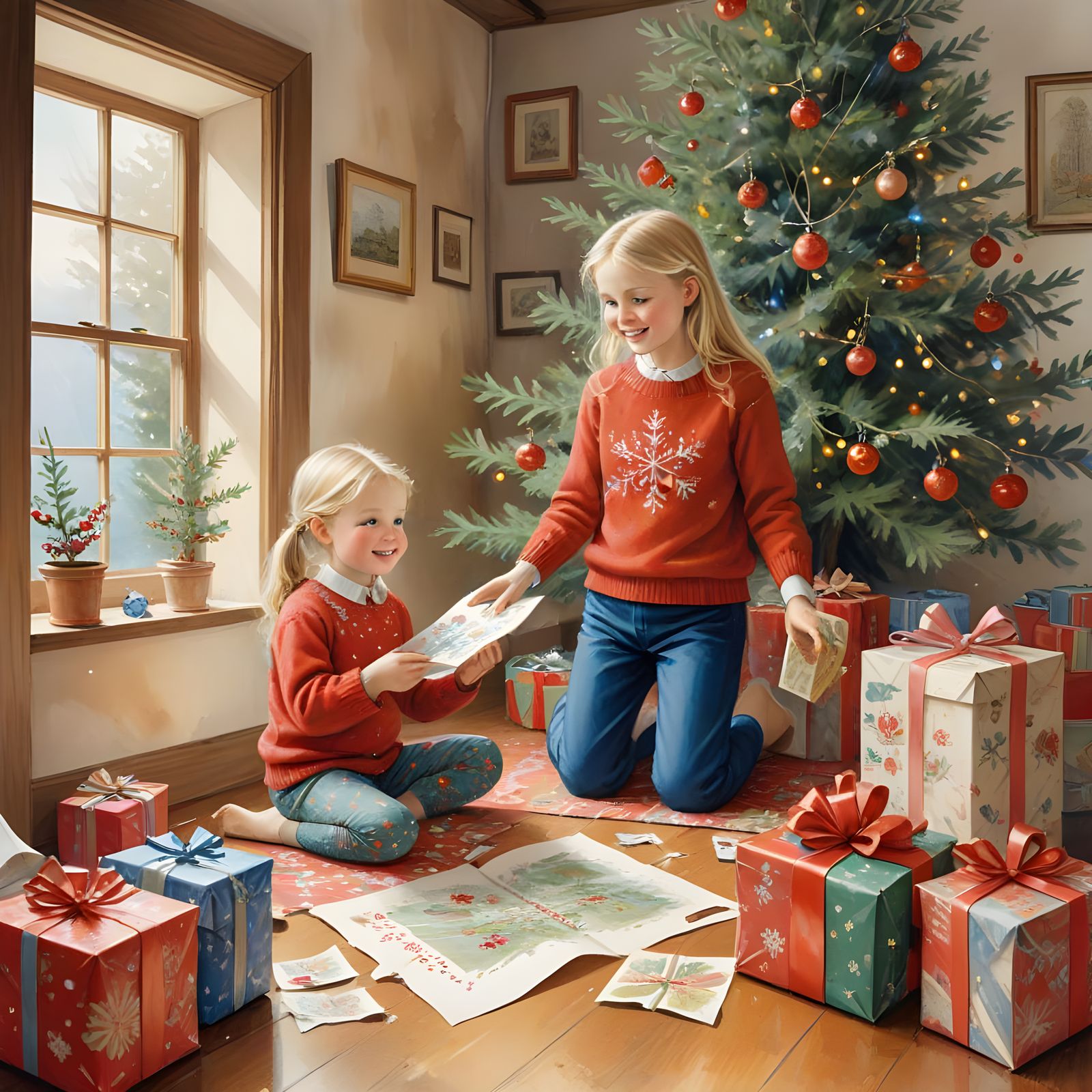 8 Year Old Girl Opens Christmas Present in Cozy Festive Livi...