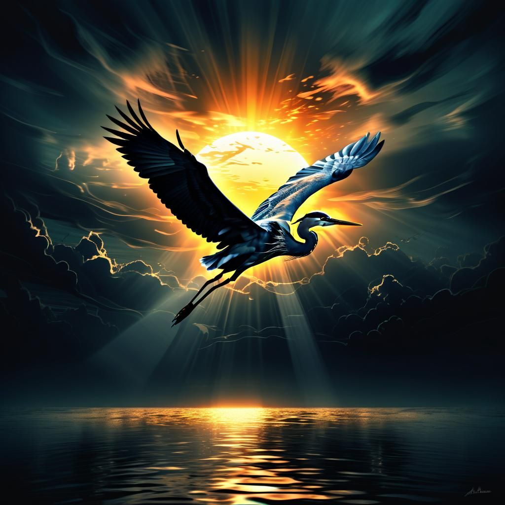 Heron Silhouette in Chiaroscuro Sunrise Fantasy